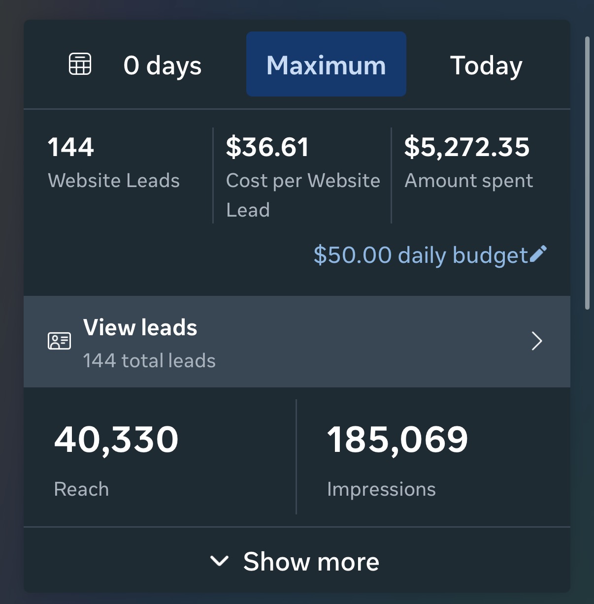 Meta Ads Manager screenshot: Website lead campaign