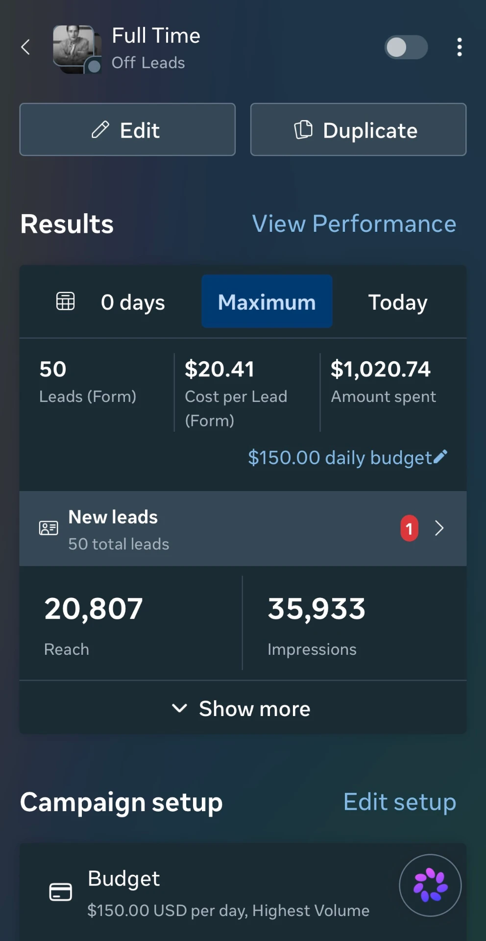 Meta Ads Manager screenshot: Full-time campaign