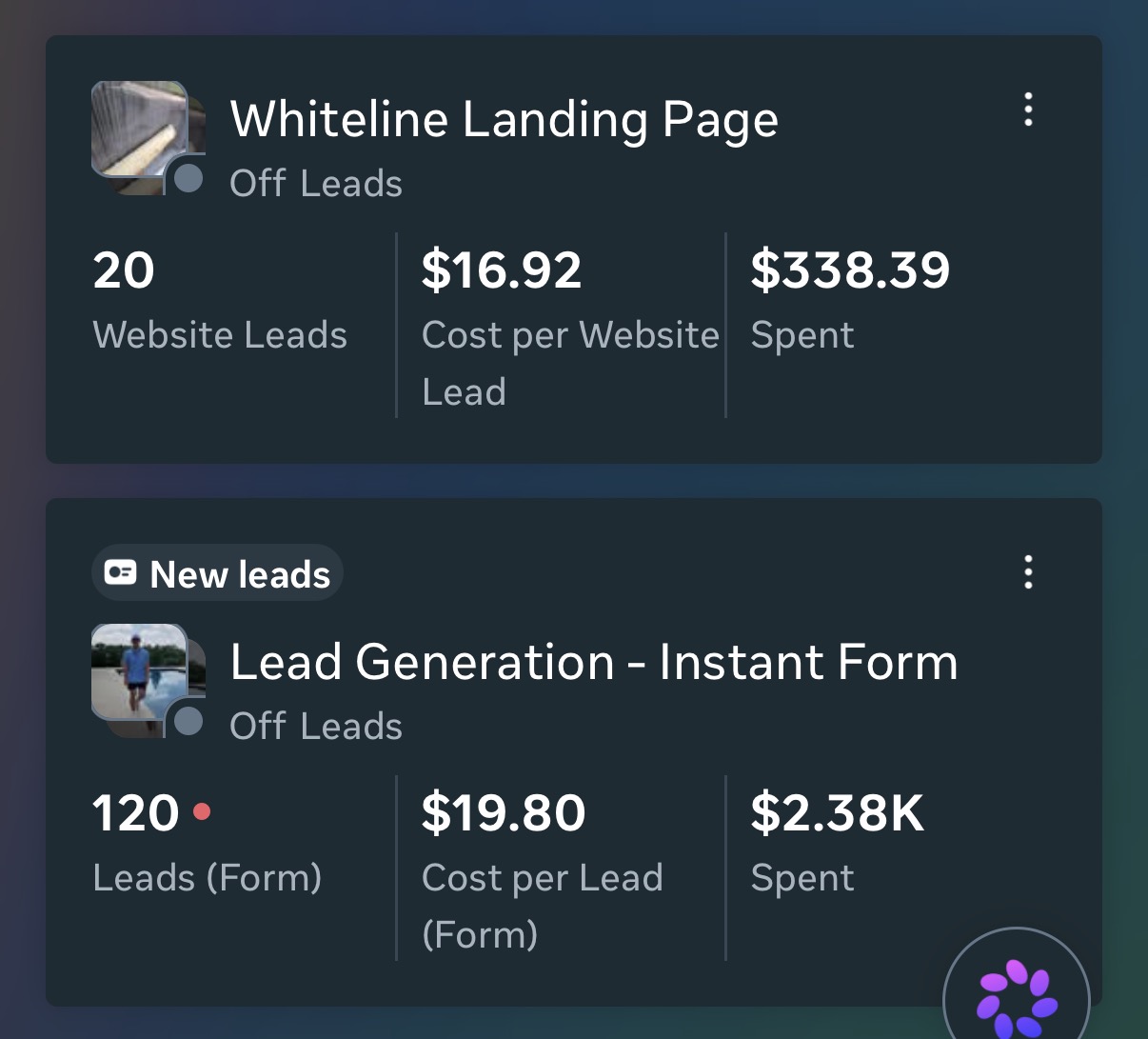 Meta Ads Manager screenshot: Landing page + instant form