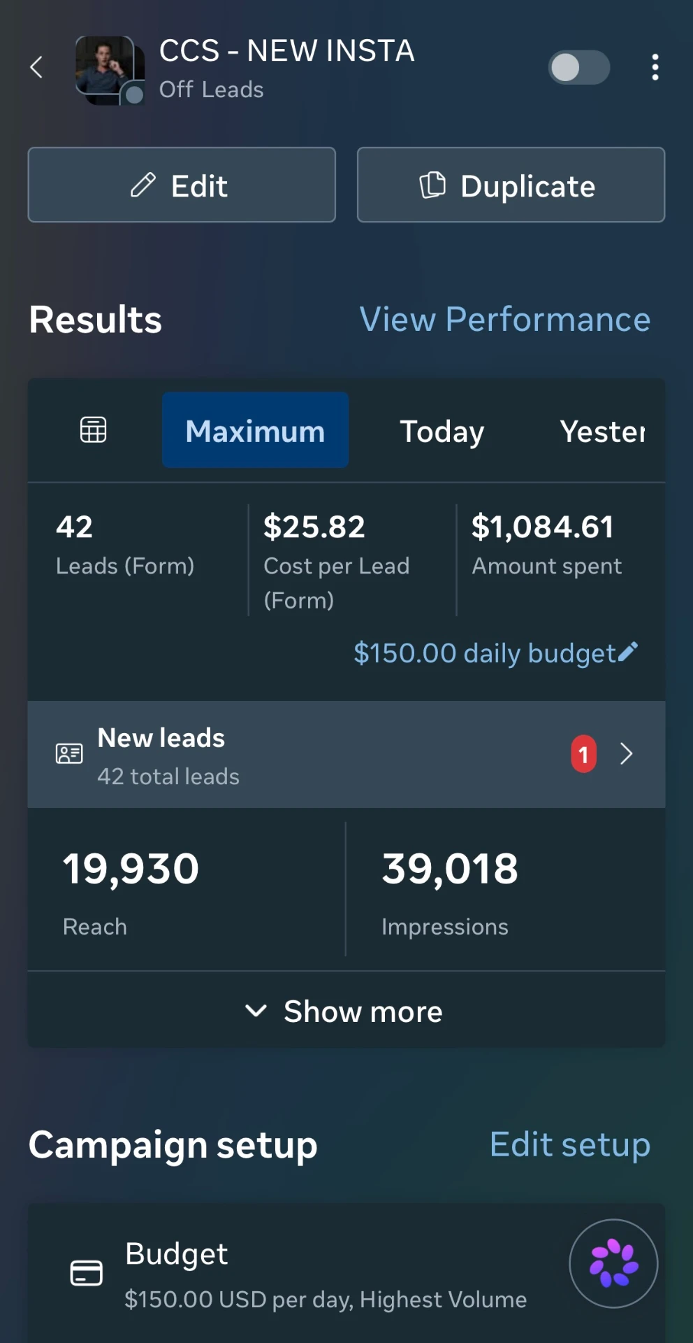 Meta Ads Manager screenshot: Instagram lead campaign