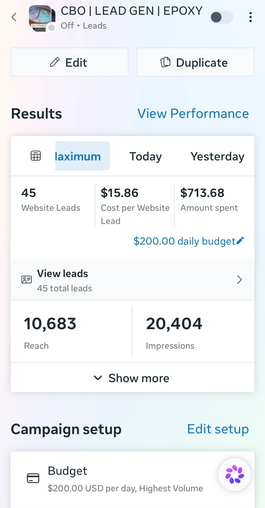 Meta Ads Manager screenshot: Epoxy lead gen campaign