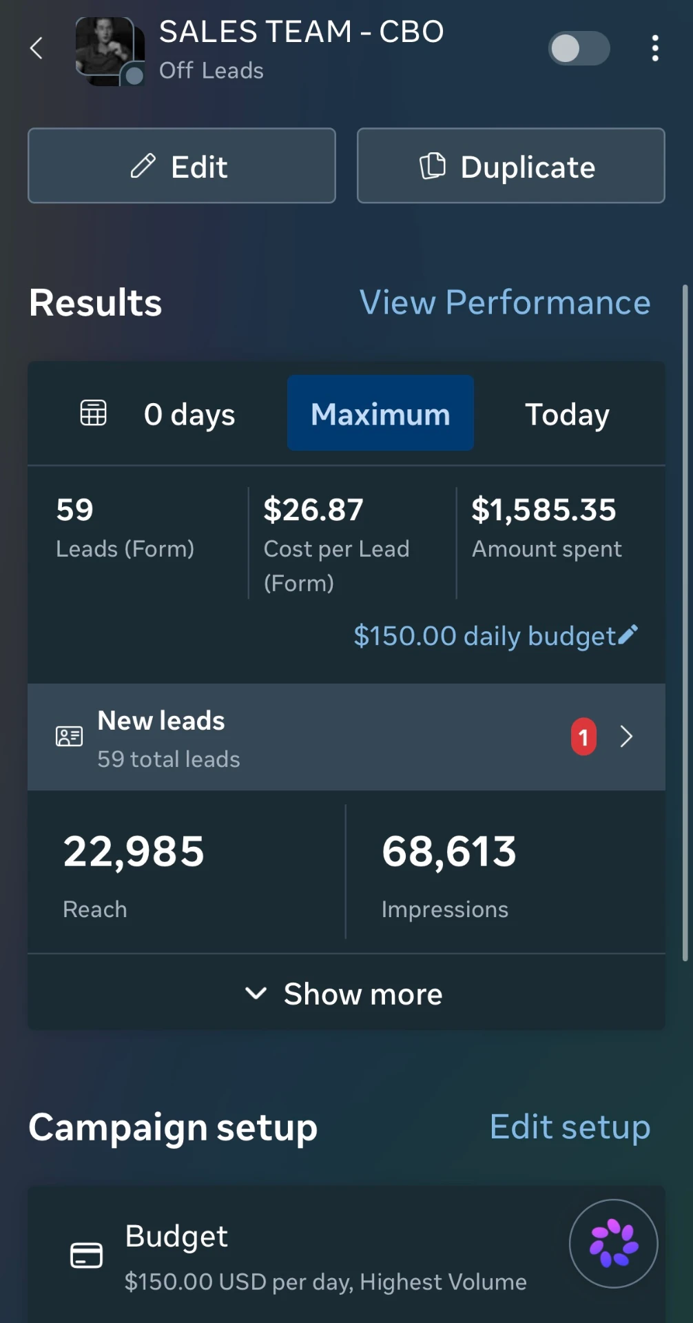 Meta Ads Manager screenshot: Epoxy Lead Campaign